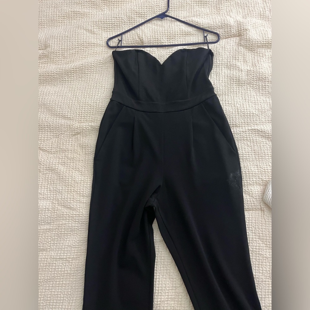 Express strapless jumpsuit hearts shape neck line with pockets and gold zipper